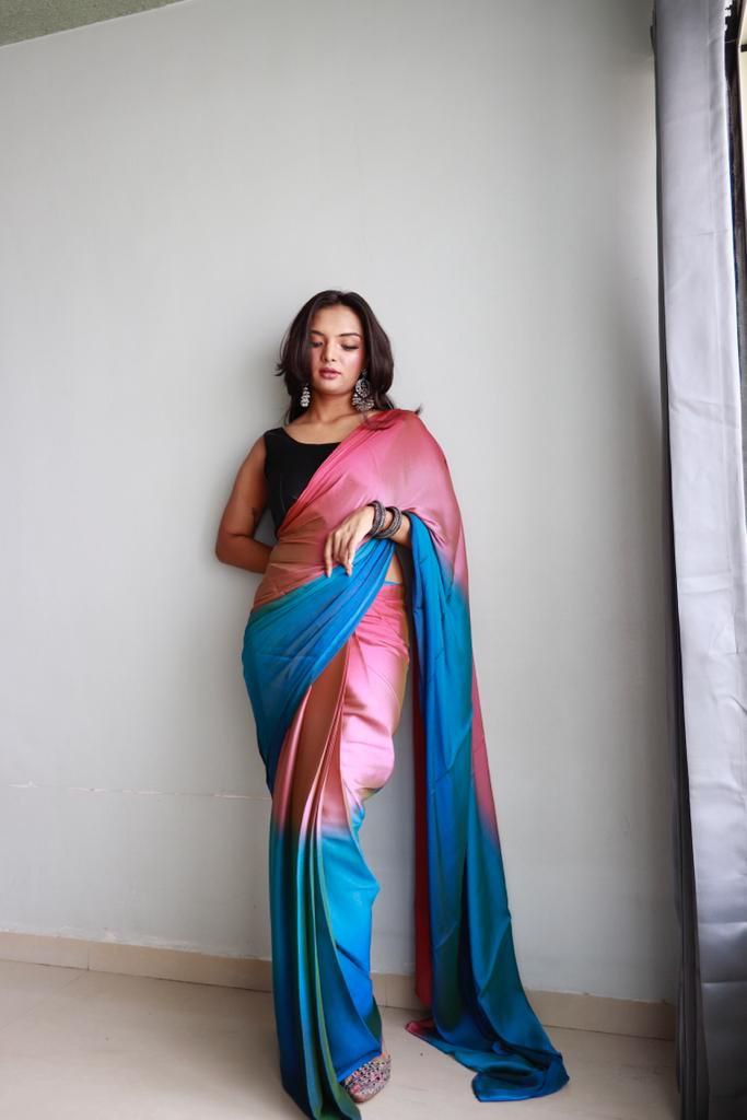 1-Min Ready To Wear Soft Nylon 3D Padding Saree With Unstitched Blouse.