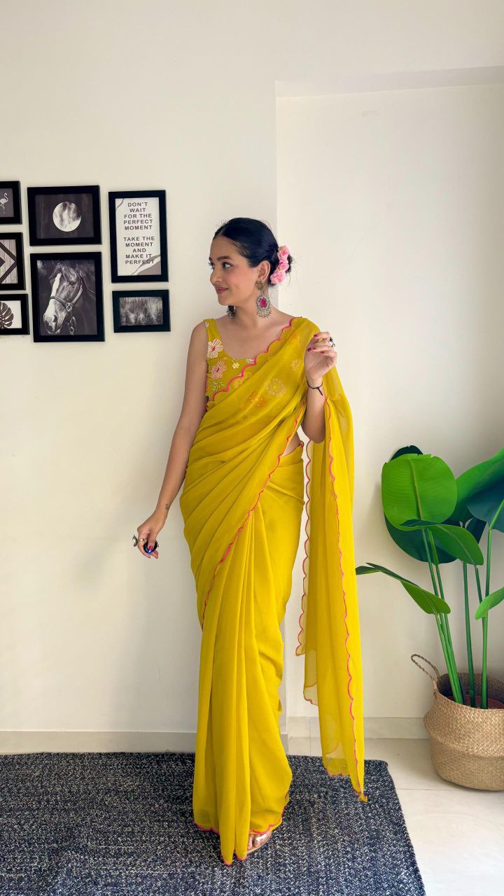 1-Minute Ready To Wear Yellow - fox georgette saree with sequence work and multicolour thread work design blouse.