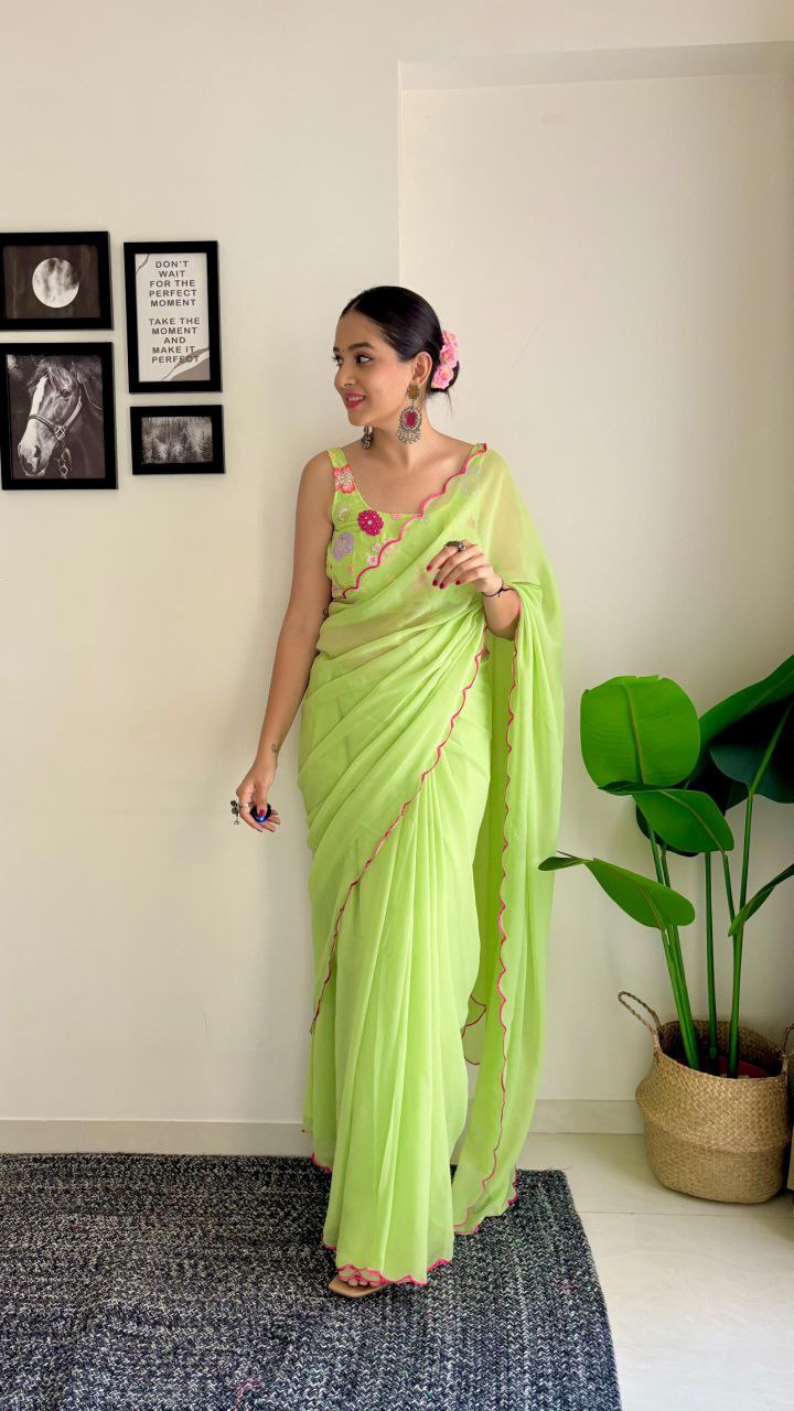 1-Minute Ready To Wear Parrot Green - fox georgette saree with sequence work and multicolour thread work design blouse.