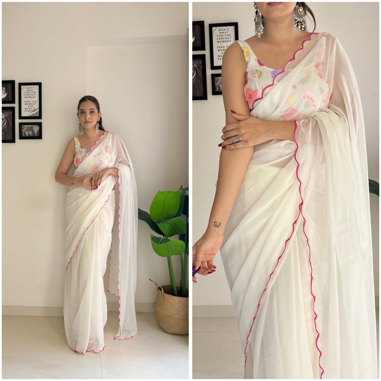 1-Minute Ready To Wear off white - fox georgette saree with sequence work and multicolour thread work design blouse.