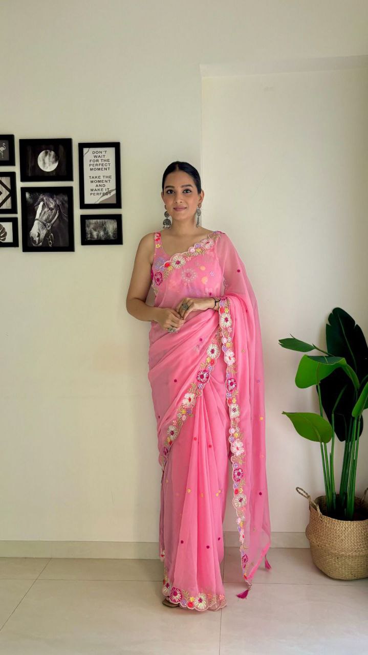 Pink Saree - Fox Georgette Saree With Sequence Work And Multicolour Thread Work Design Saree And Blouse. (Unstitch)