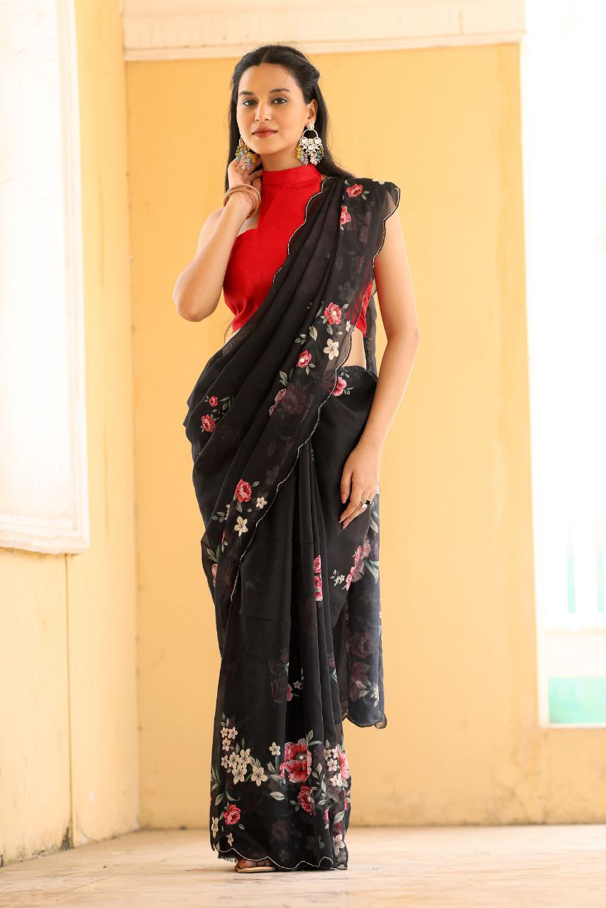 BLACK-Soft Pure Organza Silk Beautiful Digital Print Handwork Saree With Unstitched Blouse.