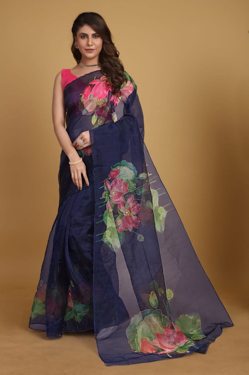 BLUE -Soft Pure Organza Silk Beautiful Digital Print Handwork Saree With Unstitched Blouse.