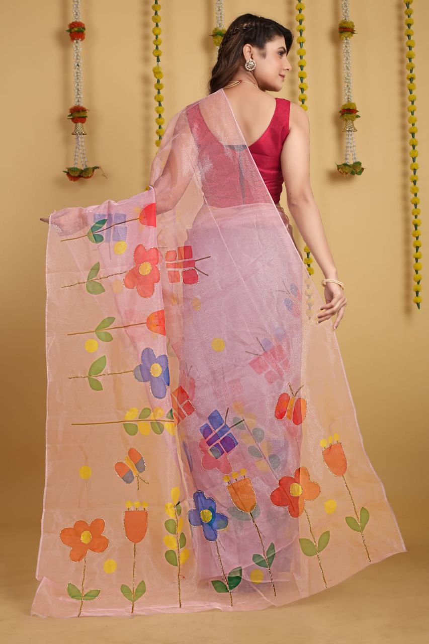 Soft Beautiful Digital Print Handwork Organza Silk Saree With Unstitched Blouse.