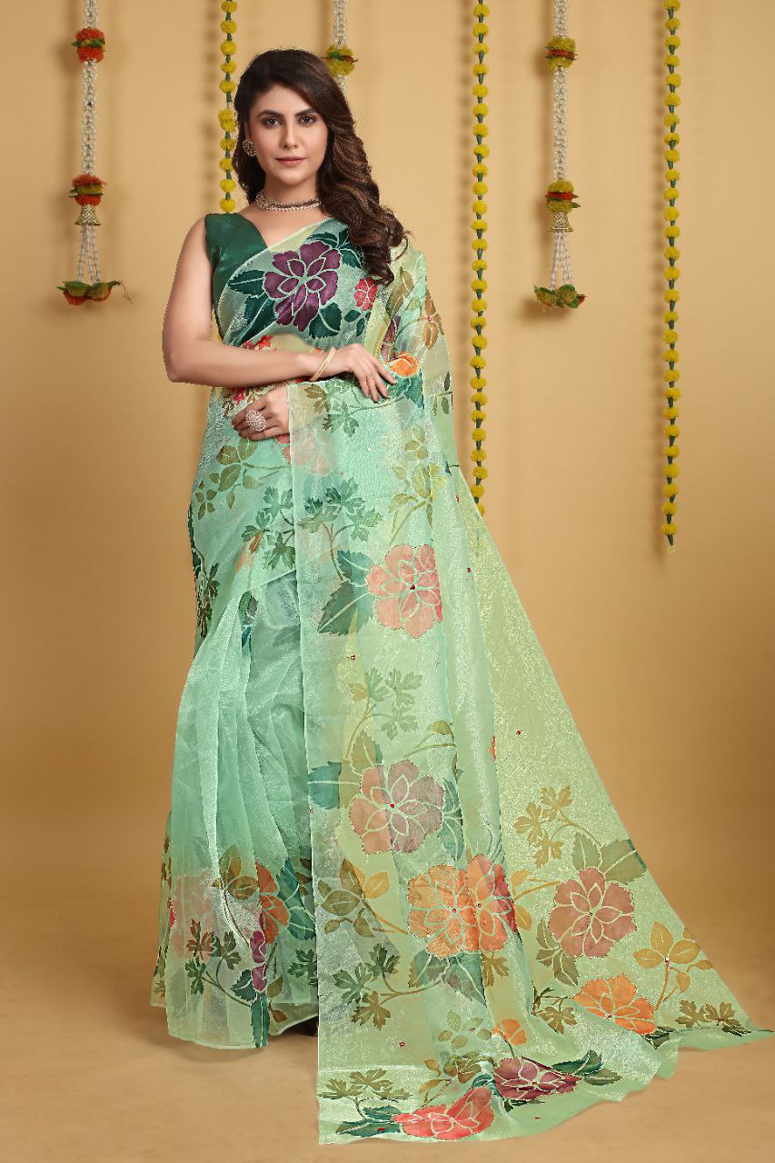 GREEN-Soft Beautiful Digital Print Handwork Organza Silk Saree With Unstitched Blouse.