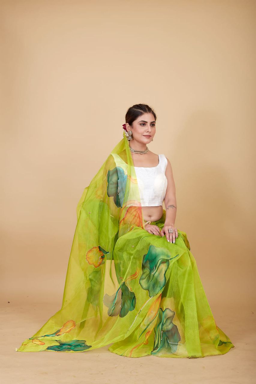 PERROT-Soft Beautiful Digital Print Handwork Organza Silk Saree With Unstitched Blouse.