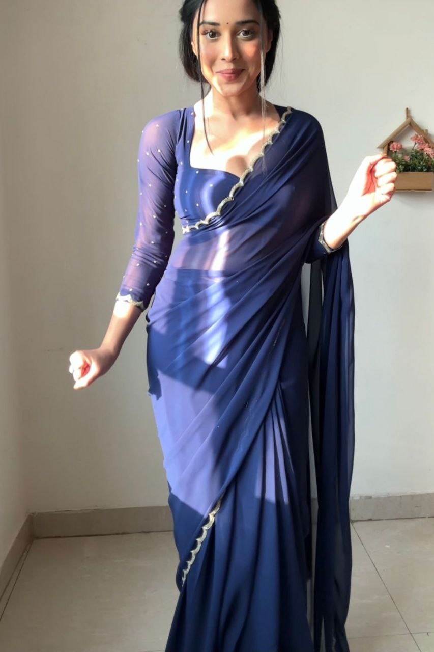 1-Min Ready To Wear Premium Fox Georgette Saree With Stitched Blouse-Work Blue