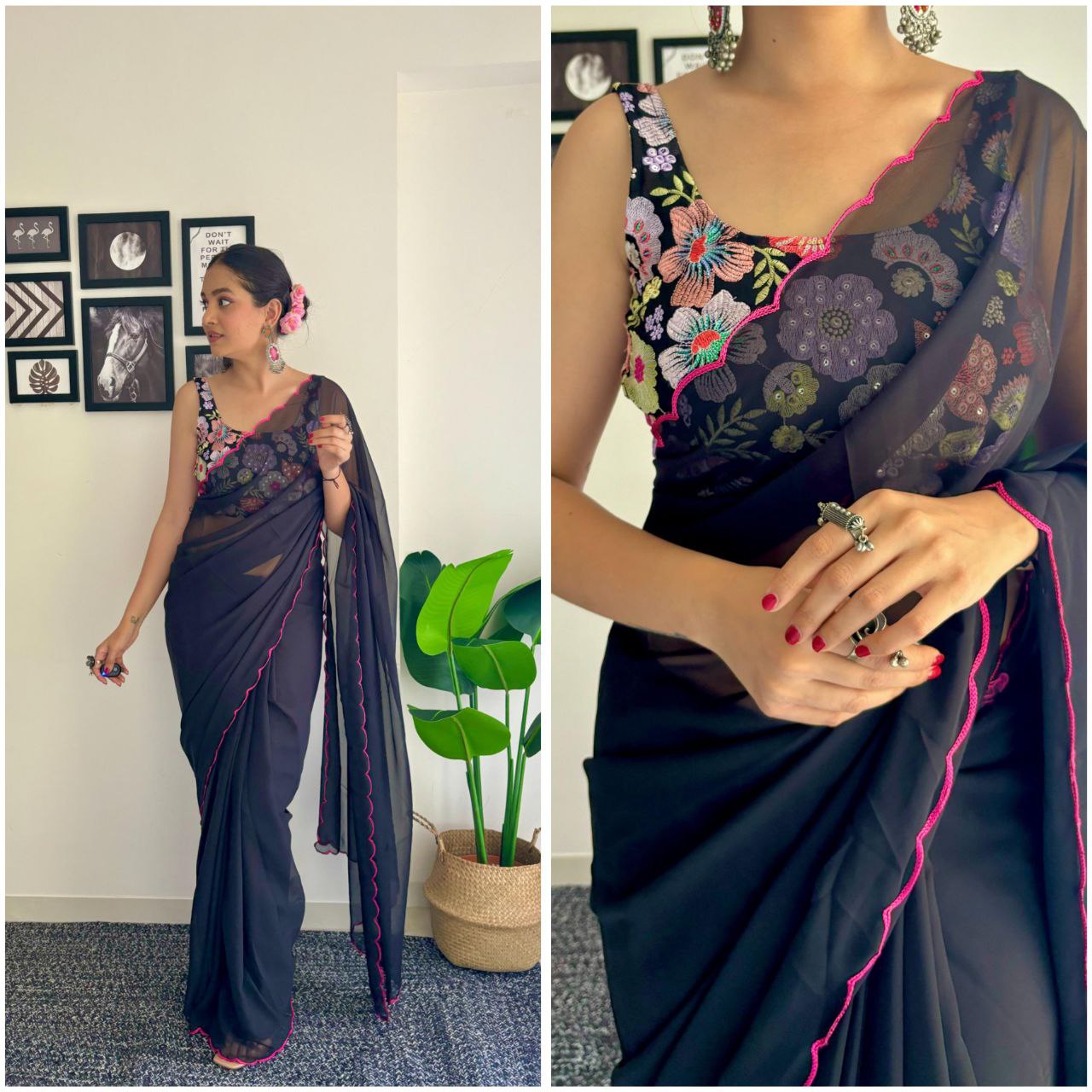 1-Minute Ready To Wear black - fox georgette saree with sequence work and multicolour thread work design blouse.