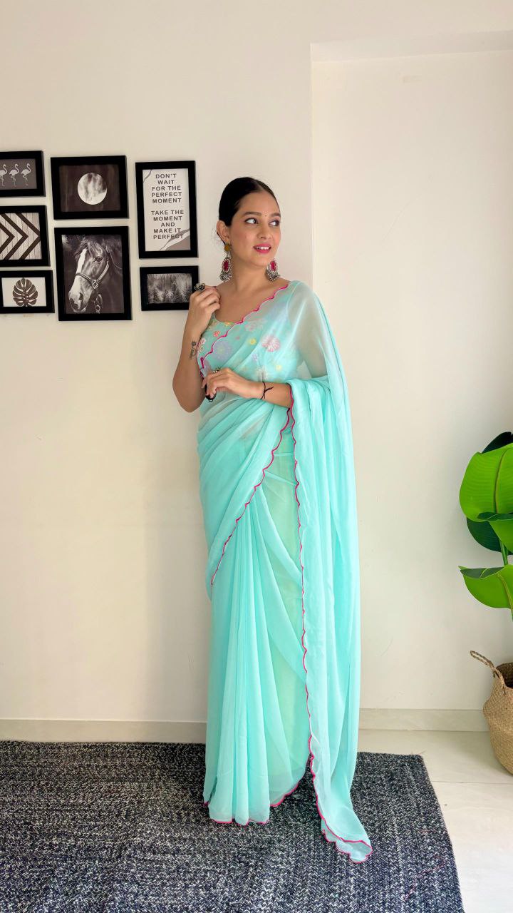 1-Minute Ready To Wear sky blue - fox georgette saree with sequence work and multicolour thread work design blouse.