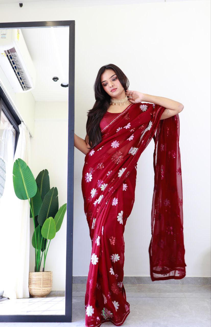 flower marron - faux Georgette Saree with sequence Embroidery Work