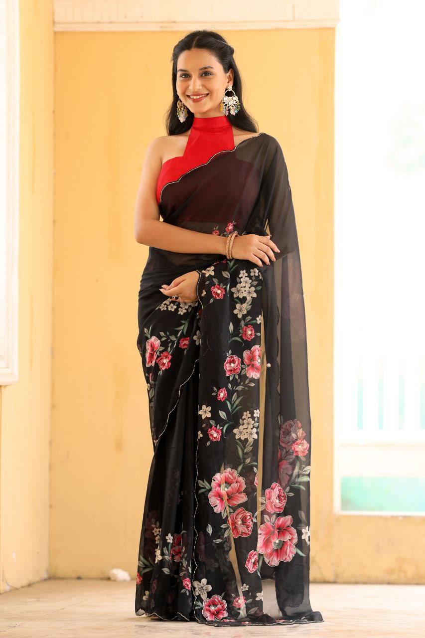 BLACK-Soft Pure Organza Silk Beautiful Digital Print Handwork Saree With Unstitched Blouse.