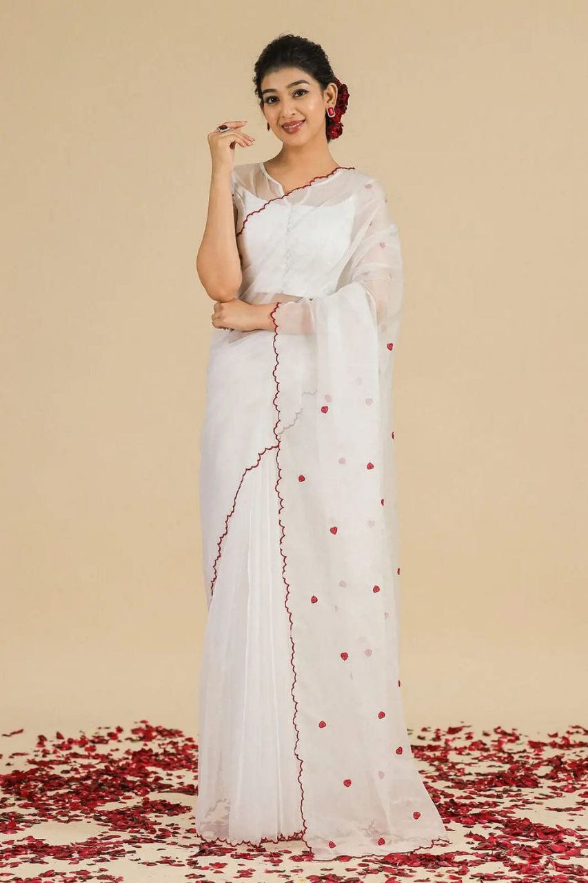 WHITE-Soft Pure Organza Silk Beautiful Digital Print Handwork Saree With Unstitched Blouse.