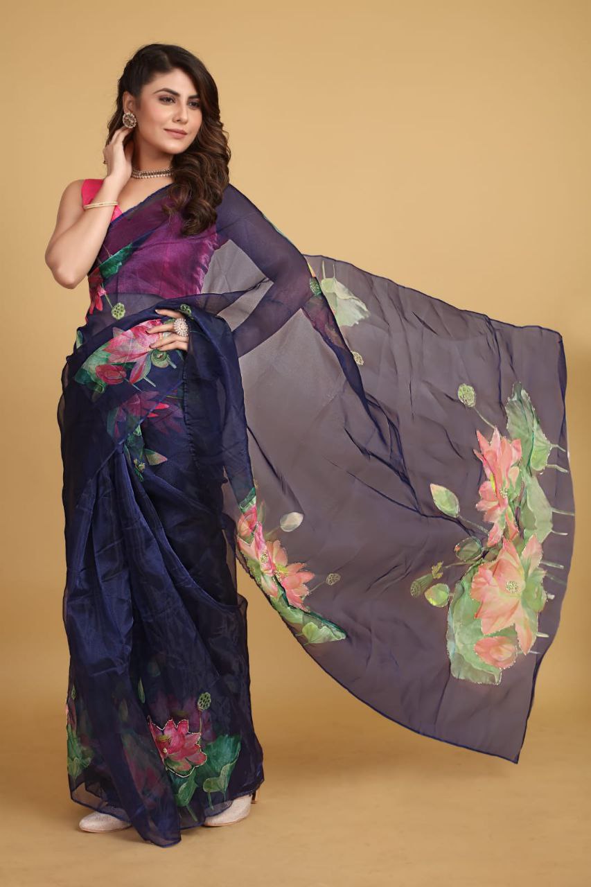 BLUE -Soft Pure Organza Silk Beautiful Digital Print Handwork Saree With Unstitched Blouse.