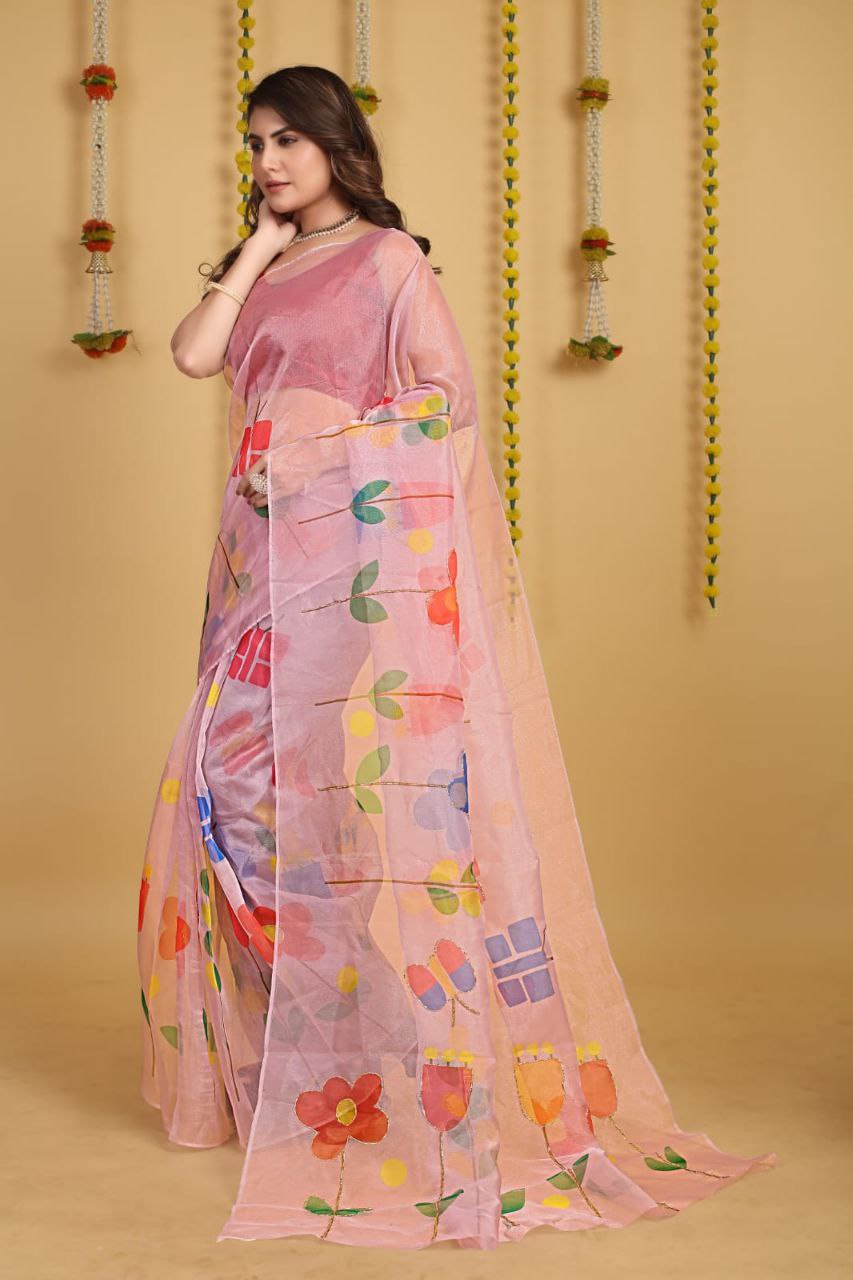 Soft Beautiful Digital Print Handwork Organza Silk Saree With Unstitched Blouse.