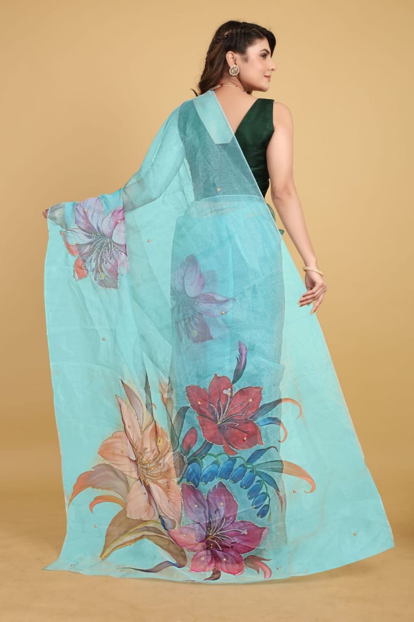 SKY-Soft Beautiful Digital Print Handwork Organza Silk Saree With Unstitched Blouse.