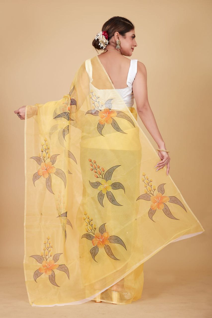 YELLOW-Soft Beautiful Digital Print Handwork Organza Silk Saree With Unstitched Blouse.