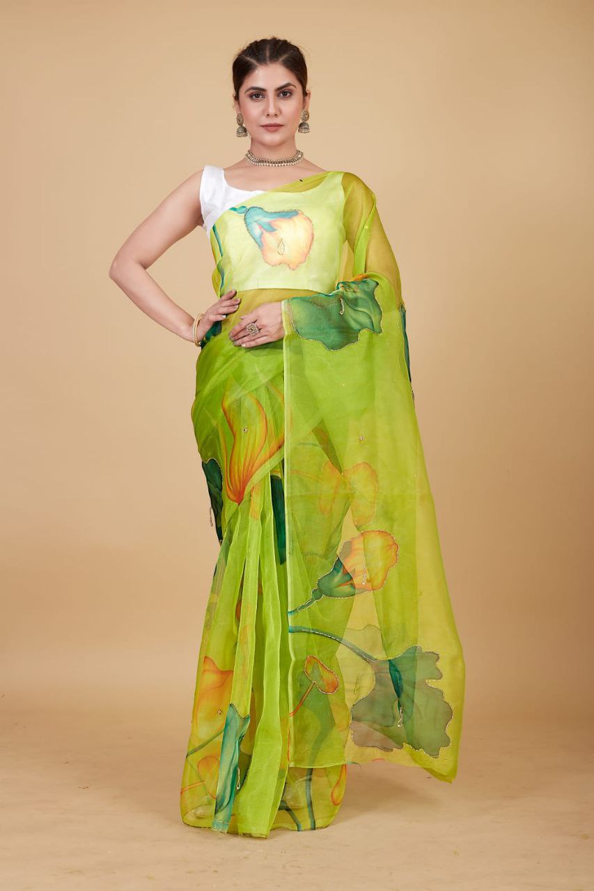 PERROT-Soft Beautiful Digital Print Handwork Organza Silk Saree With Unstitched Blouse.