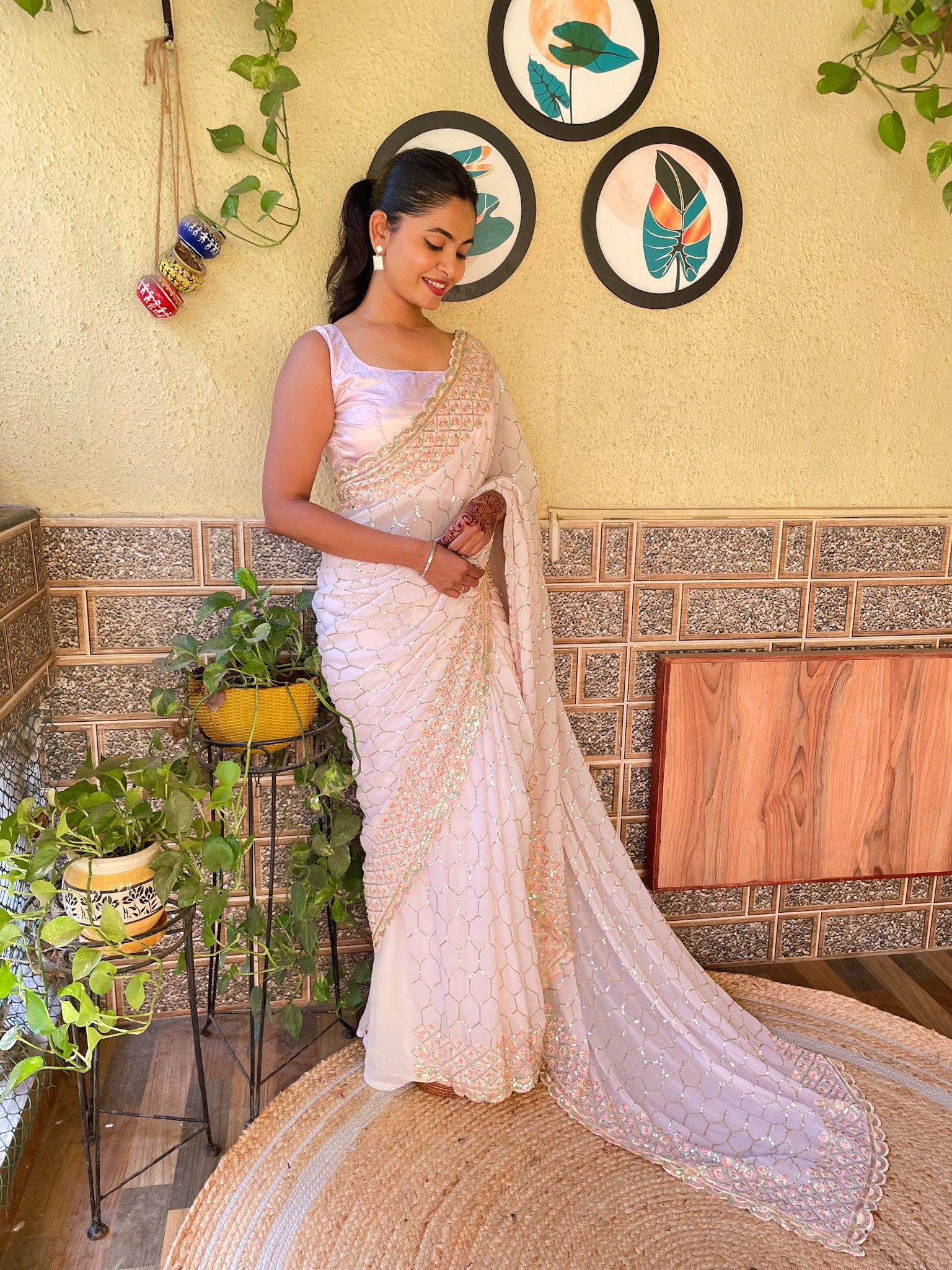 Jwala Cream - Most Beautiful Collection In Georgette With Sequence Embroidery Work All Over Saree