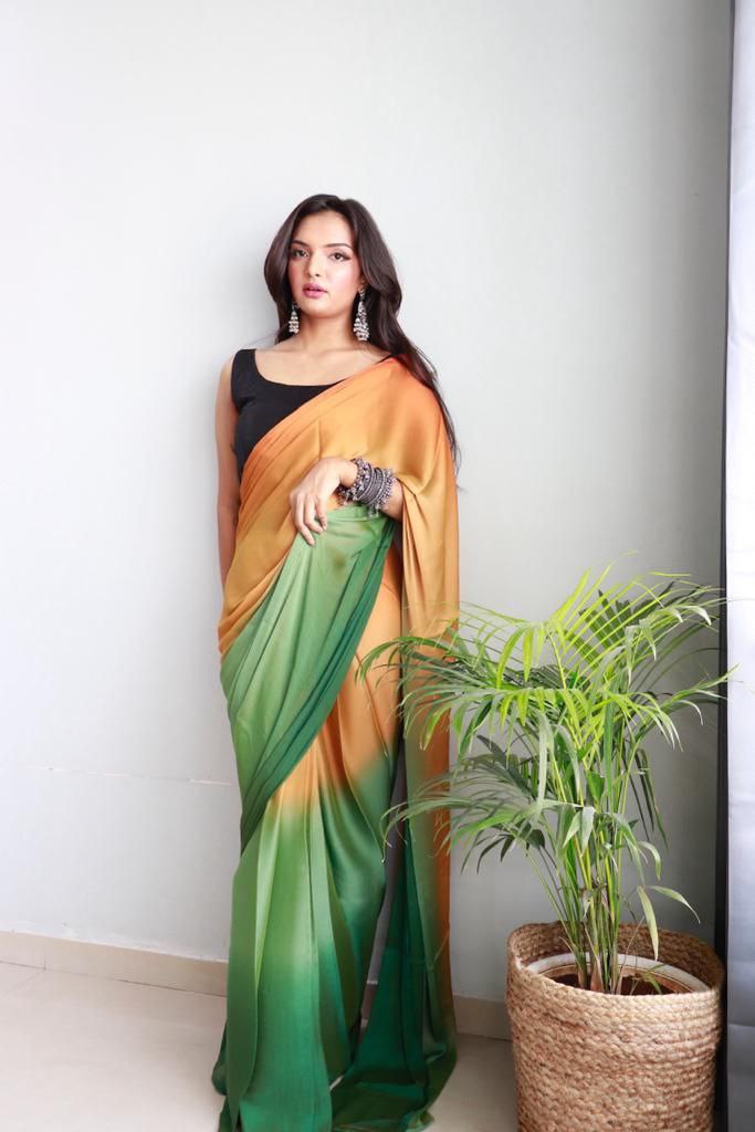 1-Min Ready To Wear Soft Nylon 3D Padding Saree With Unstitched Blouse.