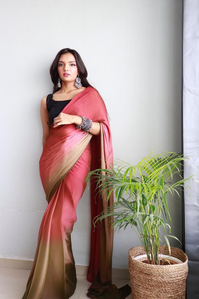 1-Min Ready To Wear Soft Nylon 3D Padding Saree With Unstitched Blouse.