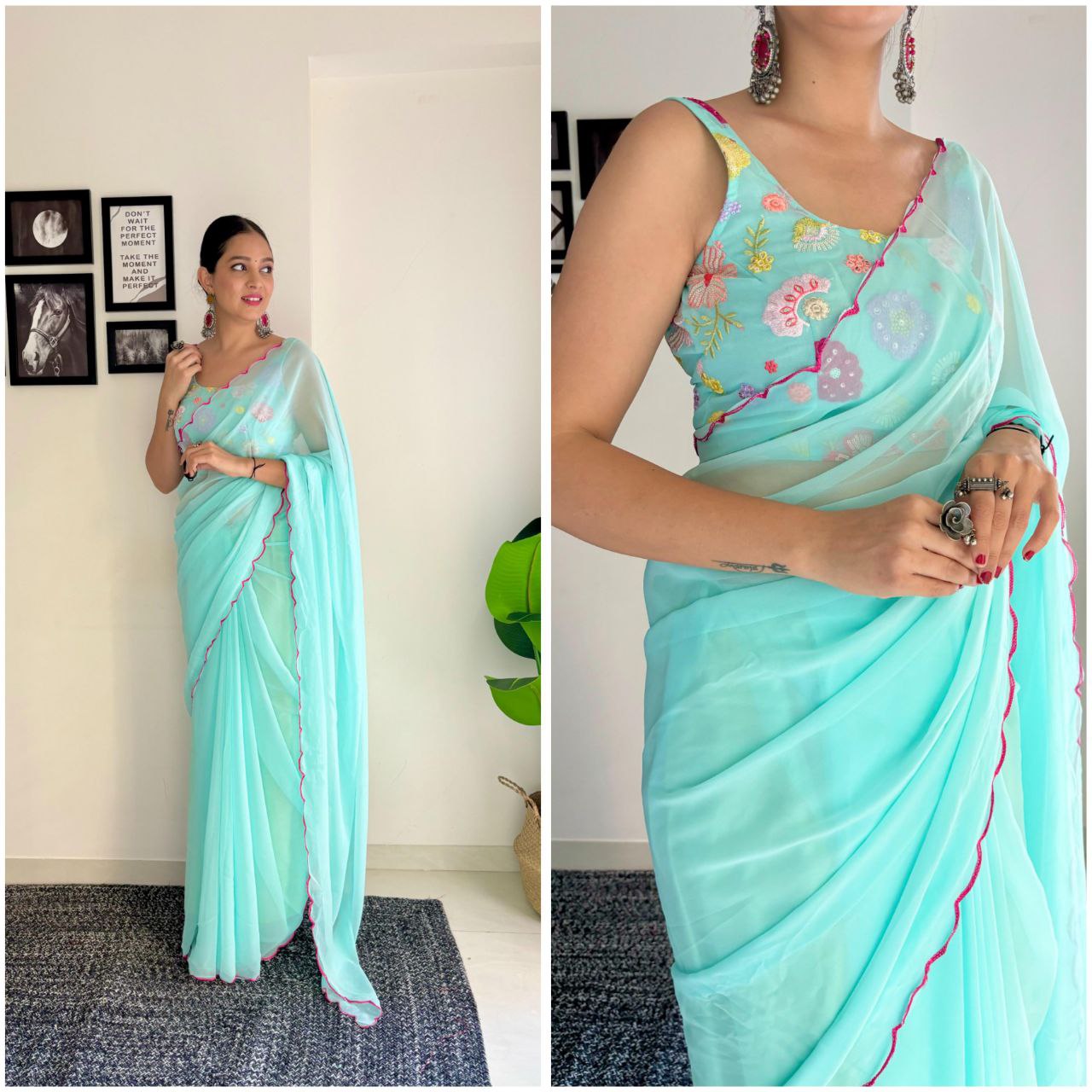 1-Minute Ready To Wear sky blue - fox georgette saree with sequence work and multicolour thread work design blouse.