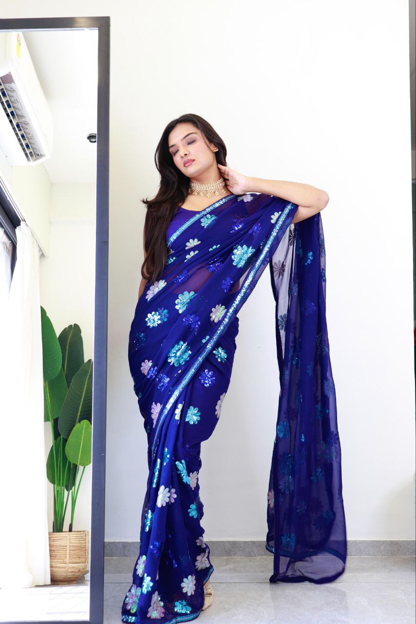 flower royal blue - faux Georgette Saree with sequence Embroidery Work