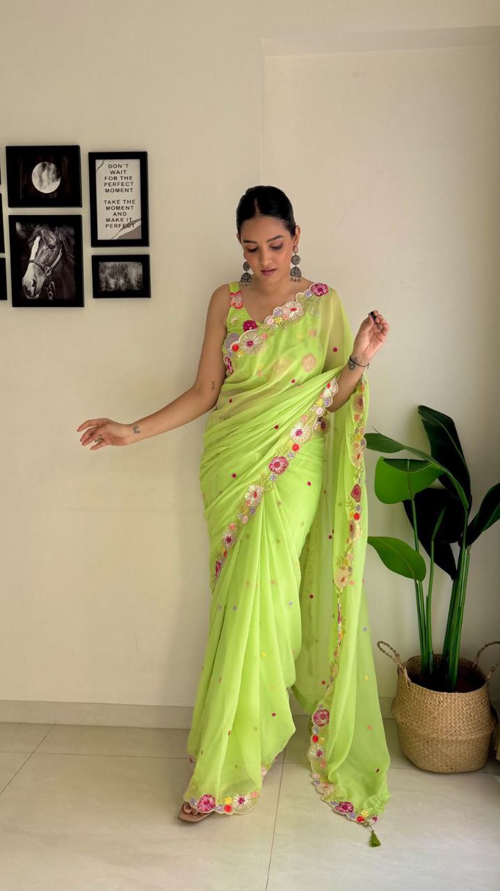 Parrot Green Saree - Fox Georgette Saree With Sequence Work And Multicolour Thread Work Design Saree And Blouse. (Unstitch)