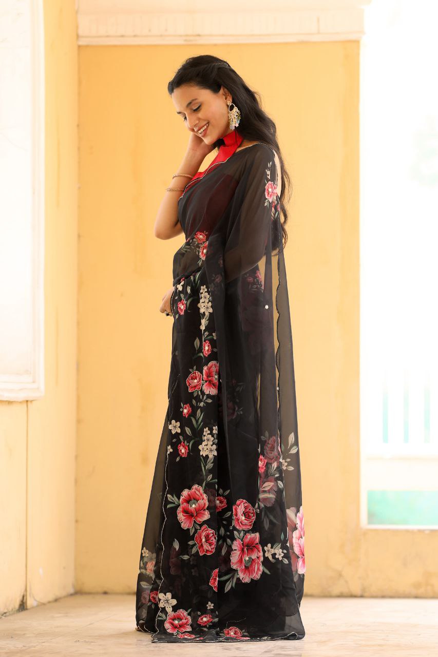 BLACK-Soft Pure Organza Silk Beautiful Digital Print Handwork Saree With Unstitched Blouse.