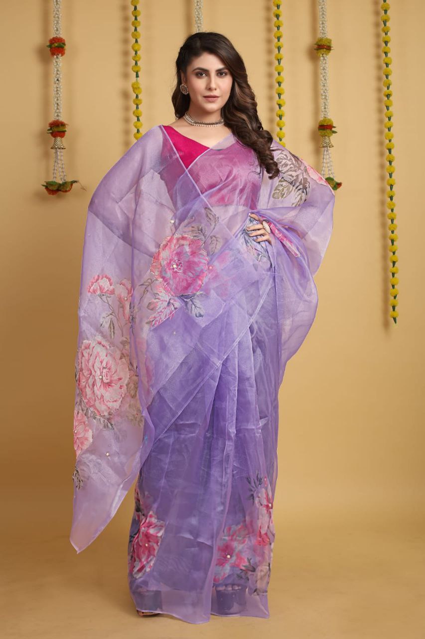 Soft Pure Organza Silk Beautiful Digital Print Handwork Saree With Unstitched Blouse.