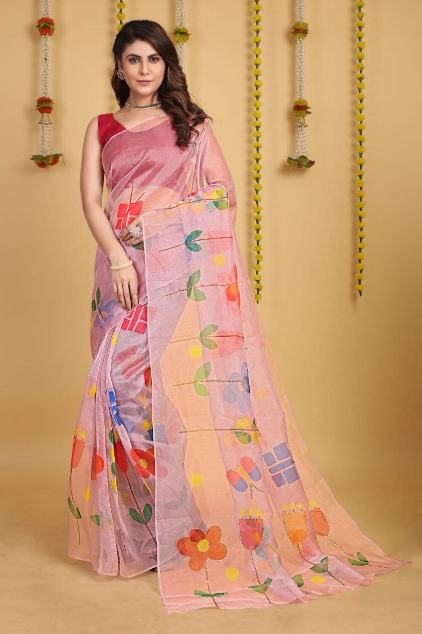 Soft Beautiful Digital Print Handwork Organza Silk Saree With Unstitched Blouse.