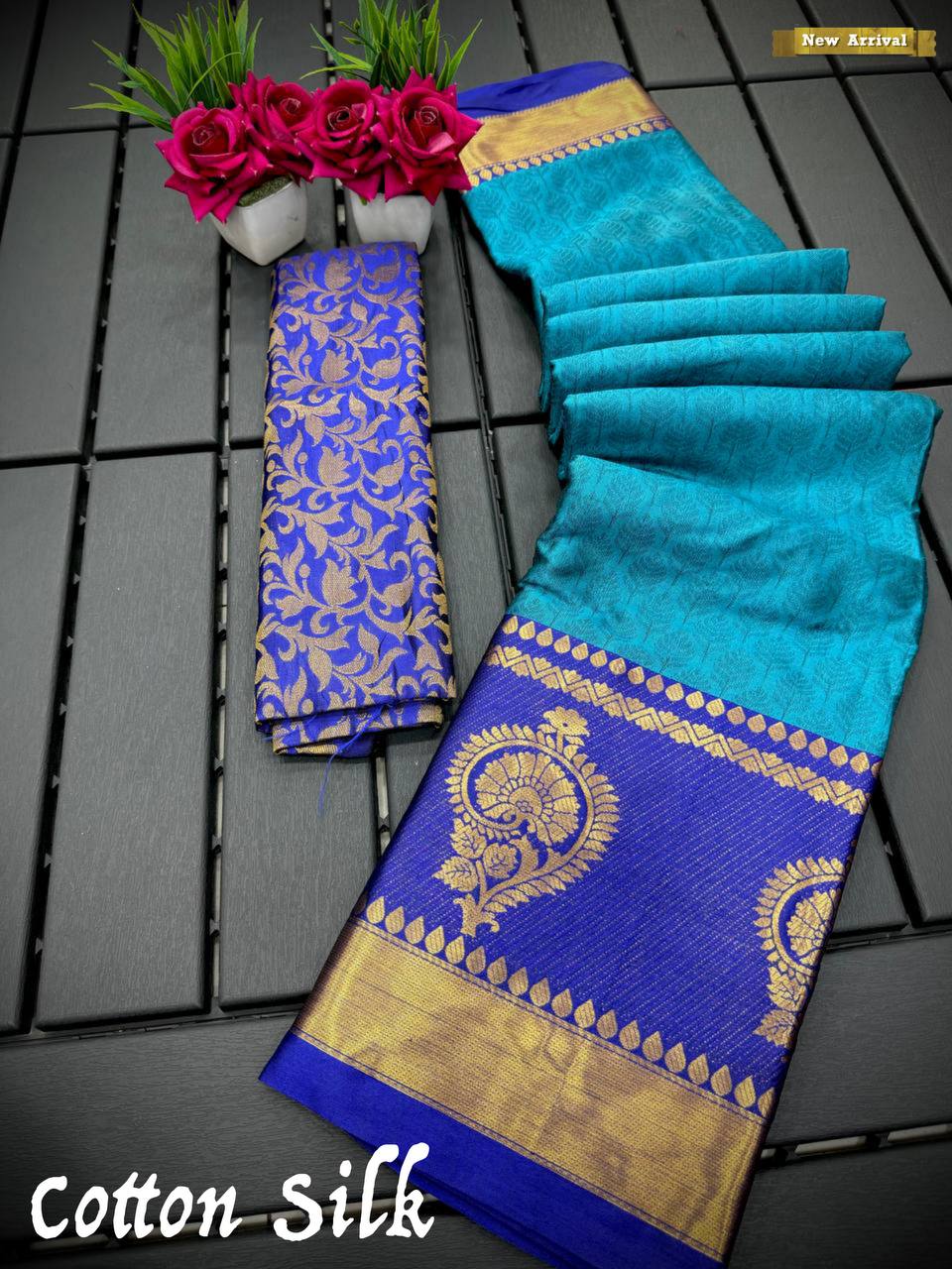 Sky Blue Golden Design JT Cotton Silk Saree