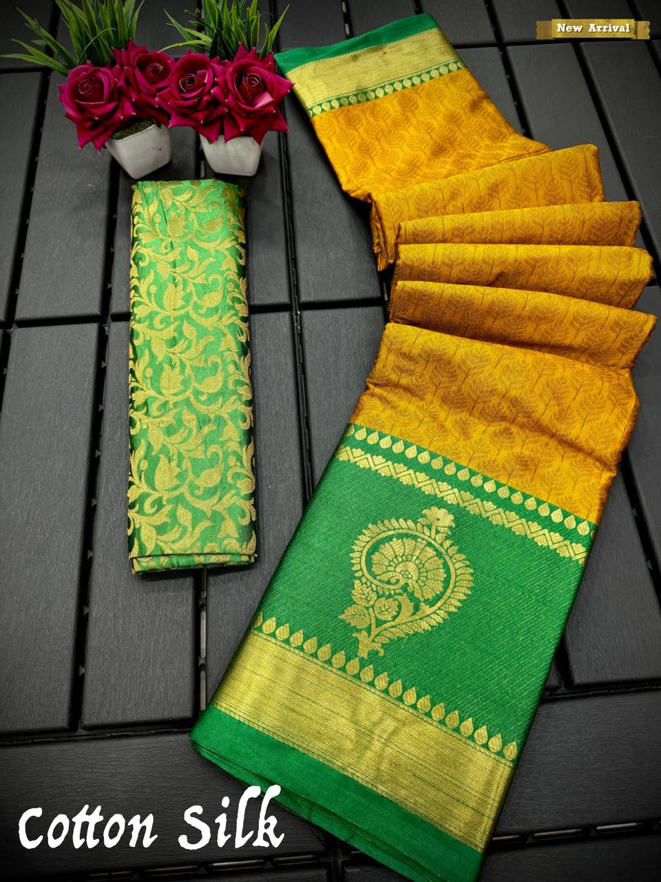 Yellow Green Golden Design JT Cotton Silk Saree