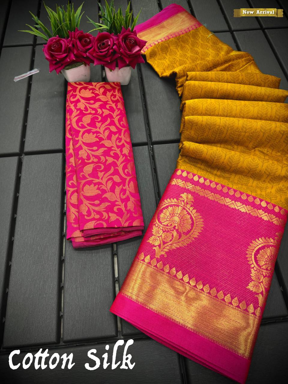 Yellow Pink Golden Design JT Cotton Silk Saree