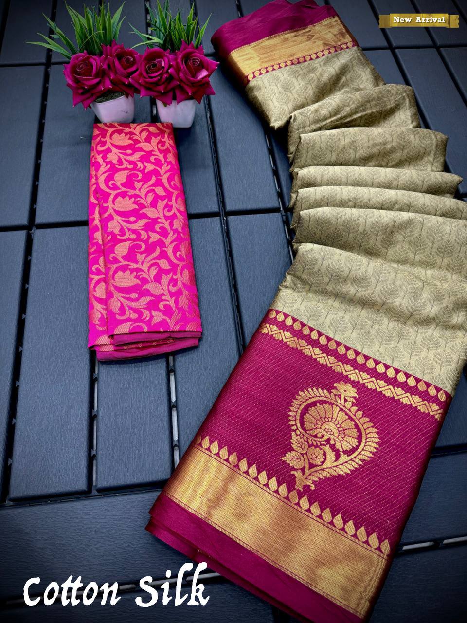 Chiku Pink Golden Design JT Cotton Silk Saree