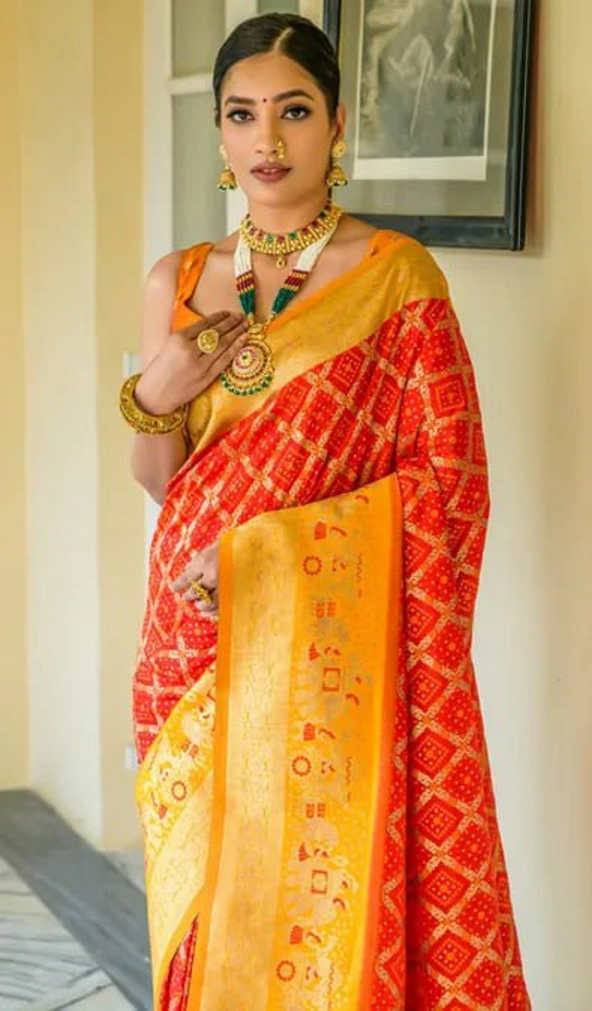 Red and Yellow Golden Design Padmavati Patola Silk Saree