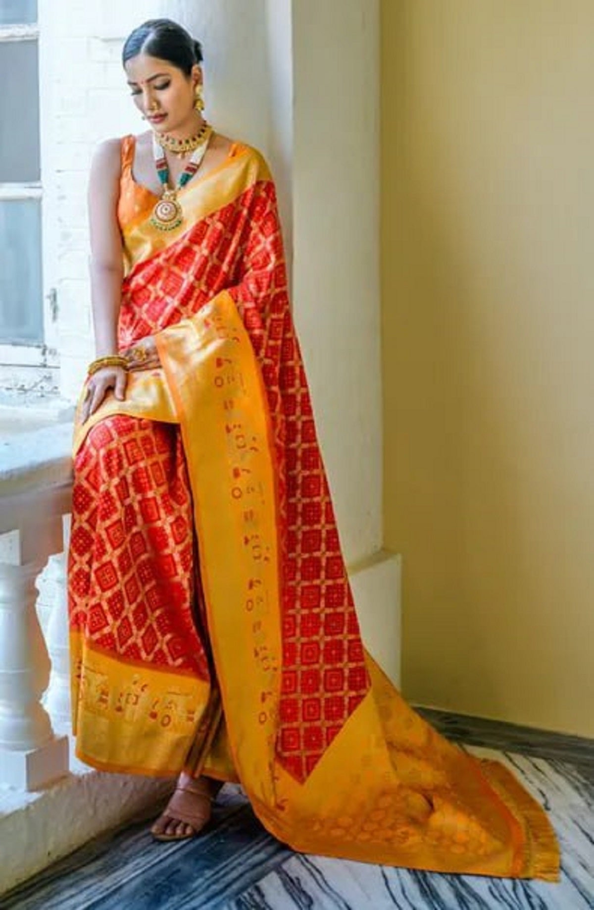 Red and Yellow Golden Design Padmavati Patola Silk Saree