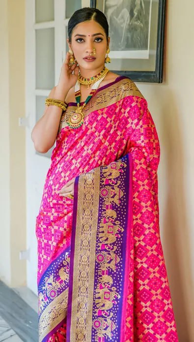 Pink and Purple Golden Design Padmavati Patola Silk Saree