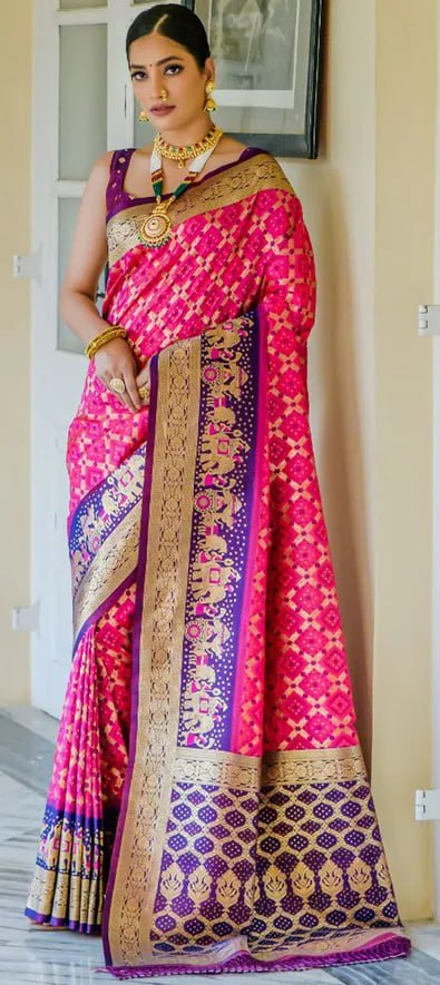 Pink and Purple Golden Design Padmavati Patola Silk Saree