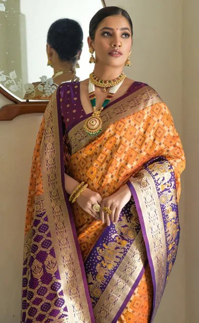 Orange and Purple Golden Design Padmavati Patola Silk Saree