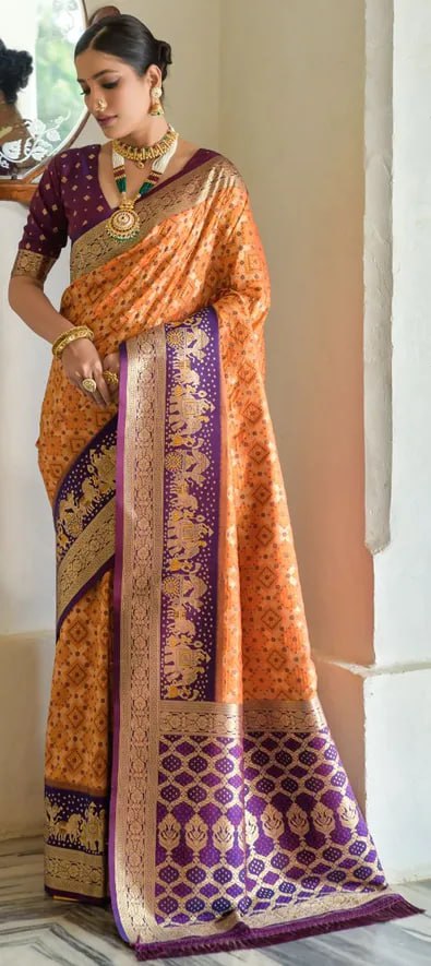 Orange and Purple Golden Design Padmavati Patola Silk Saree