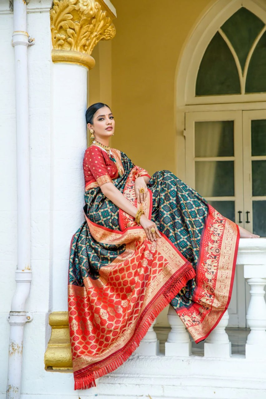 Dark Green and  Red Golden Design Padmavati Patola Silk Saree