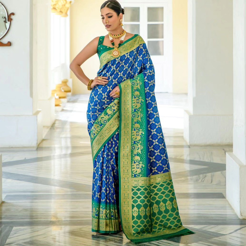 Royal Blue and Green Golden Design Padmavati Patola Silk Saree