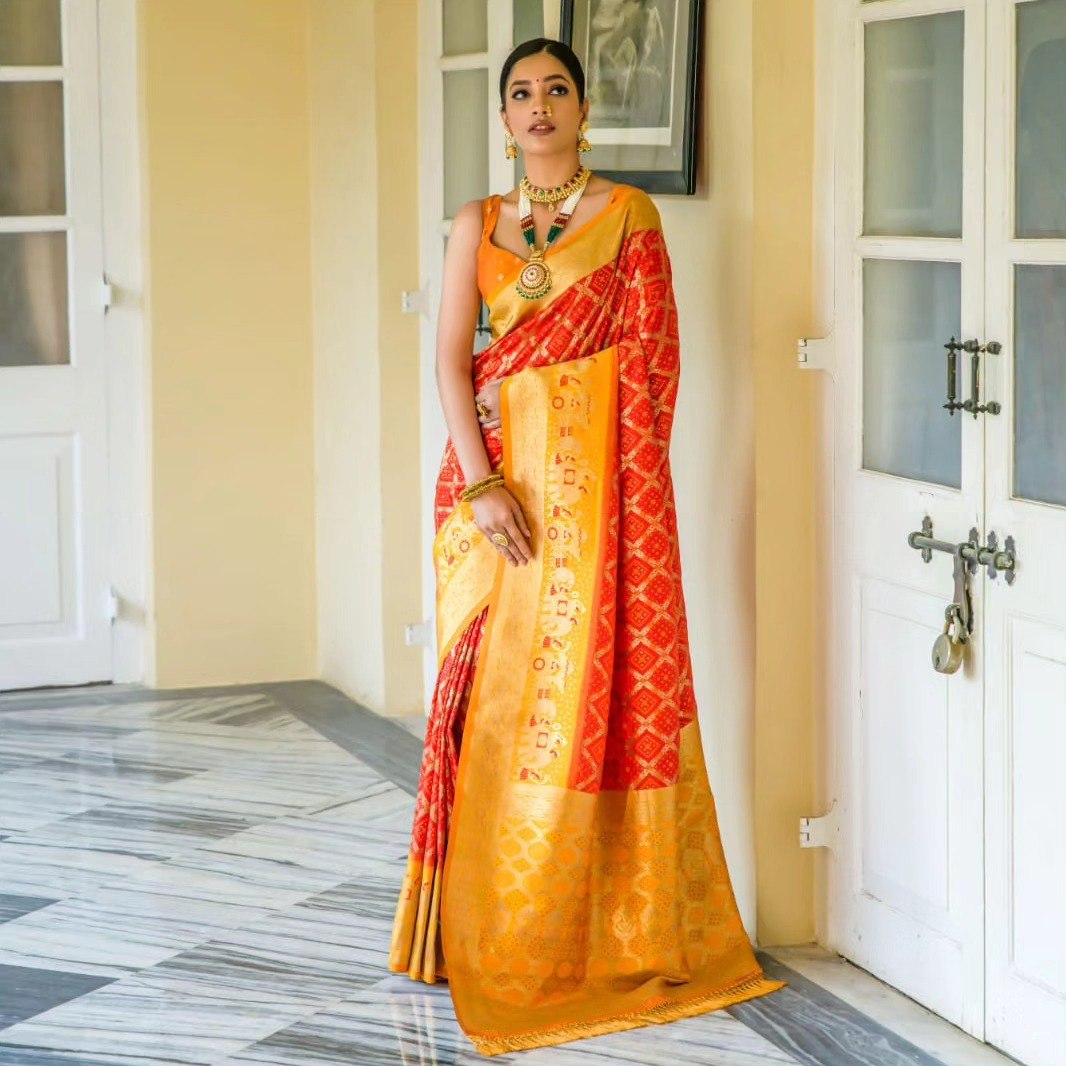 Red and Yellow Golden Design Padmavati Patola Silk Saree