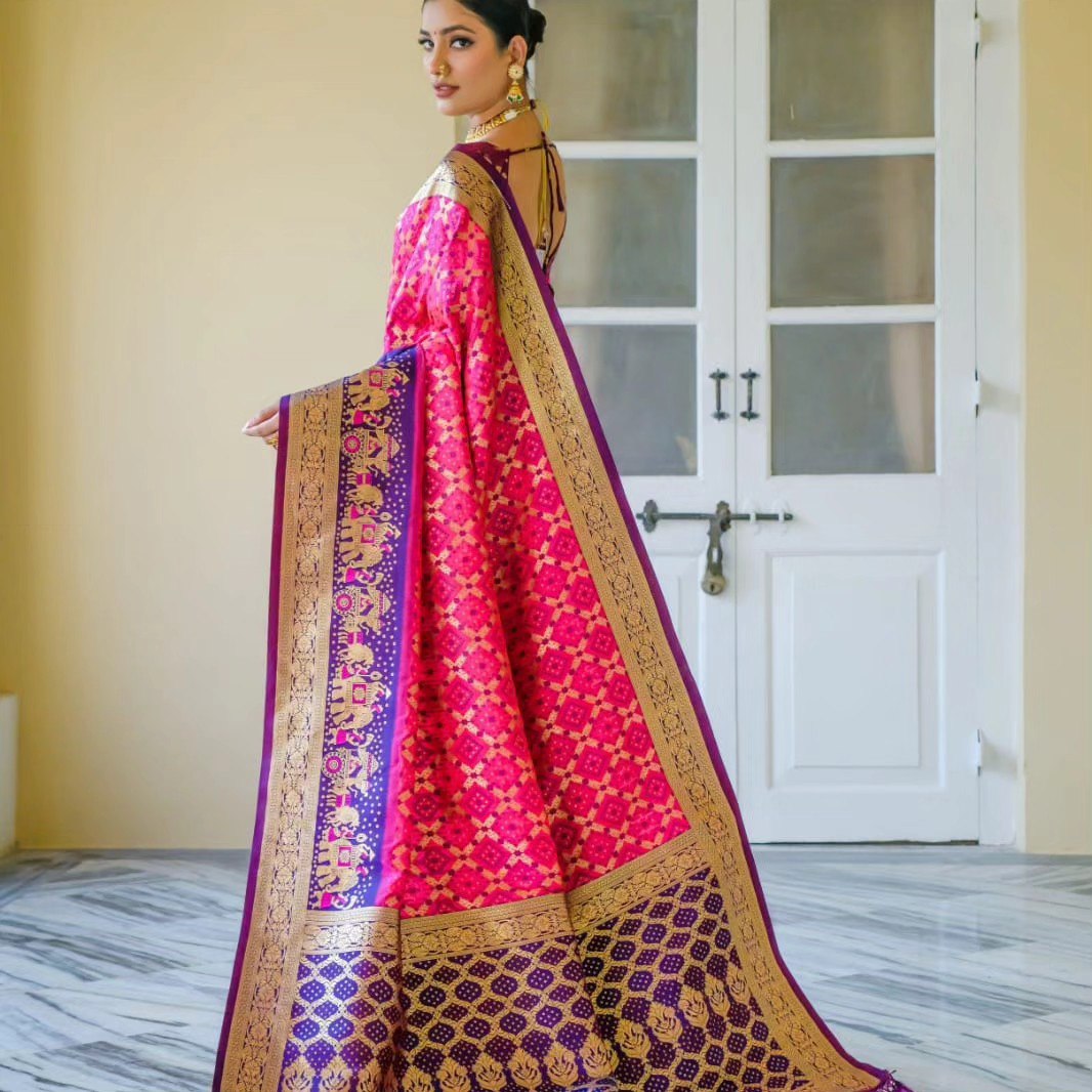 Pink and Purple Golden Design Padmavati Patola Silk Saree