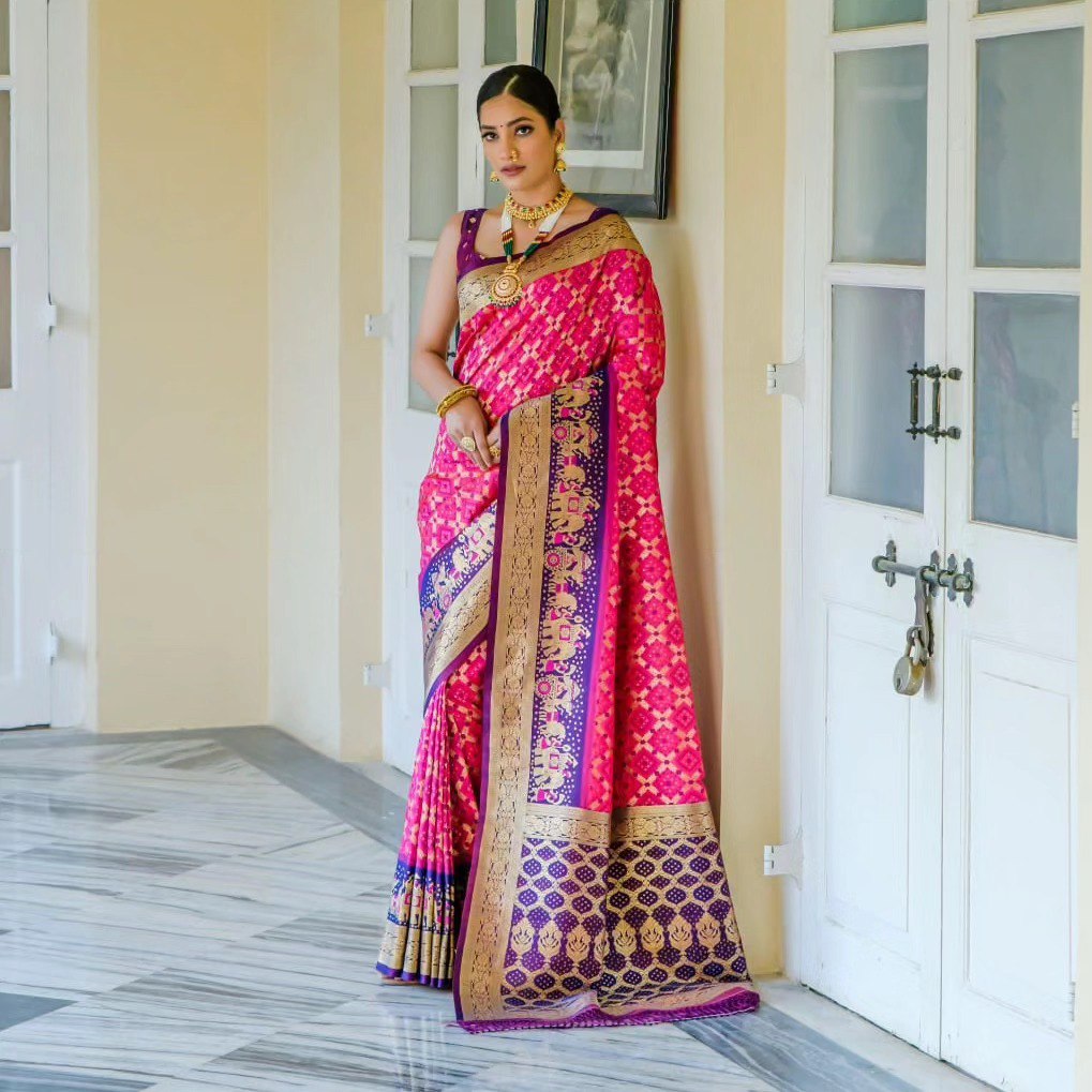 Pink and Purple Golden Design Padmavati Patola Silk Saree