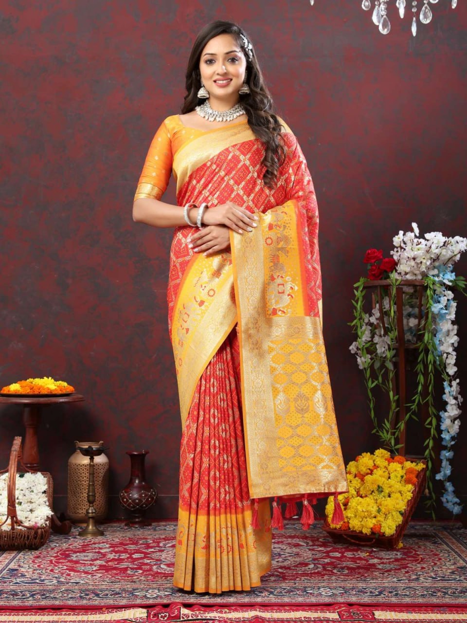 Red and Yellow Golden Design Padmavati Patola Silk Saree