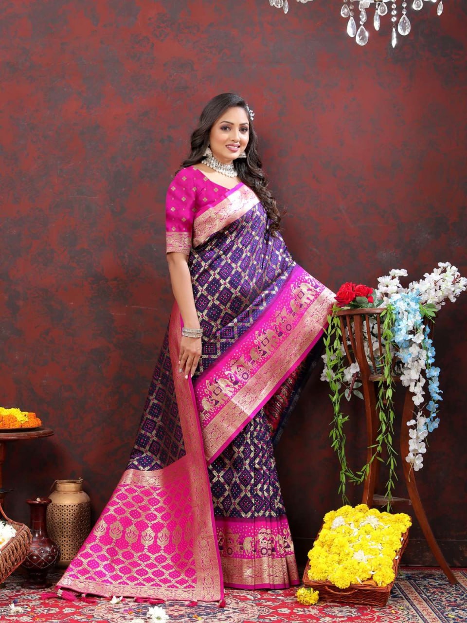 Blue and Pink Golden Design Padmavati Patola Silk Saree