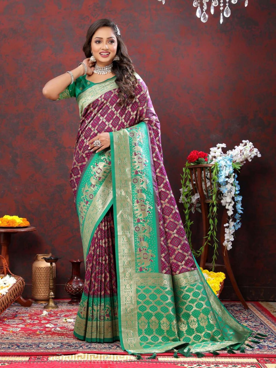 Purple and Green Golden Design Padmavati Patola Silk Saree