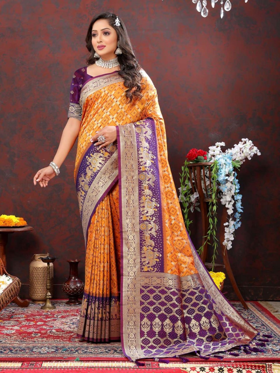 Orange and Purple Golden Design Padmavati Patola Silk Saree