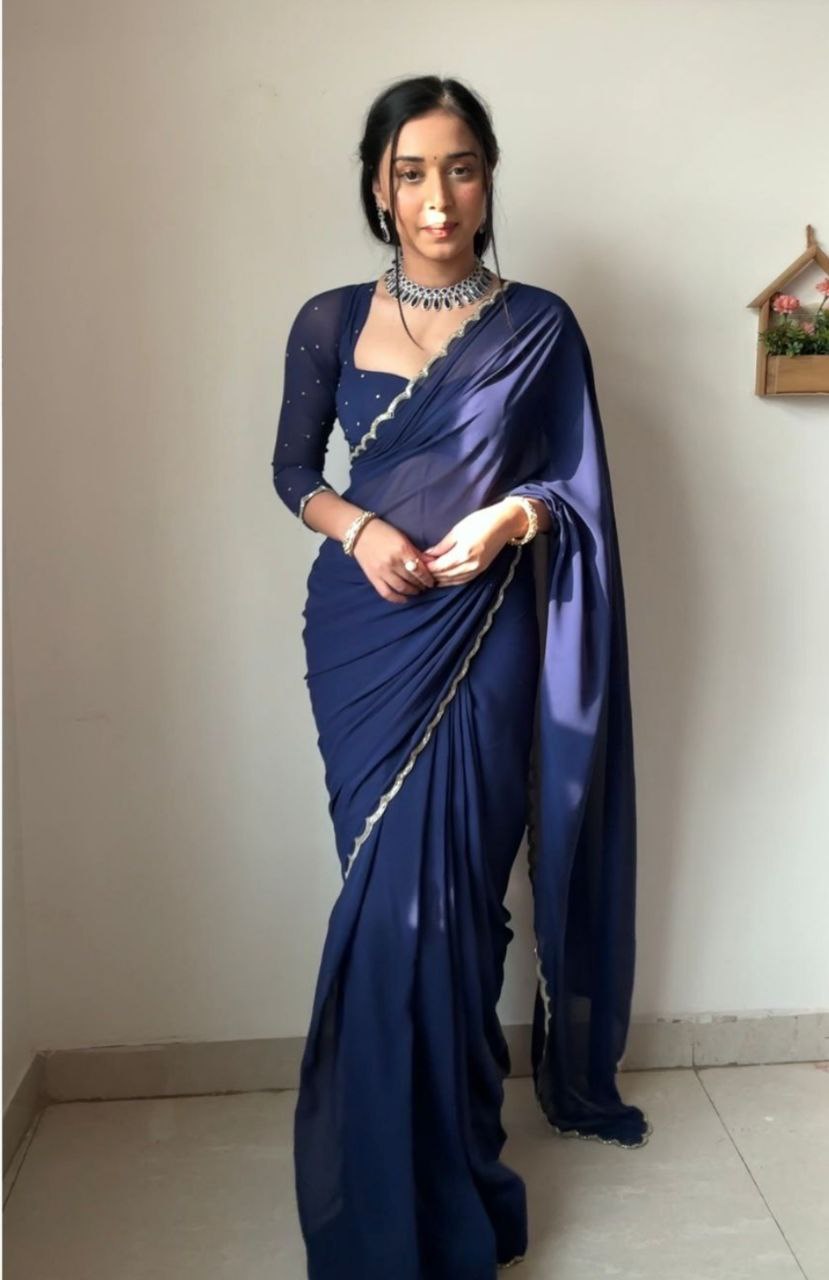 1-Min Ready To Wear Premium Fox Georgette Saree With Stitched Blouse-Work Blue